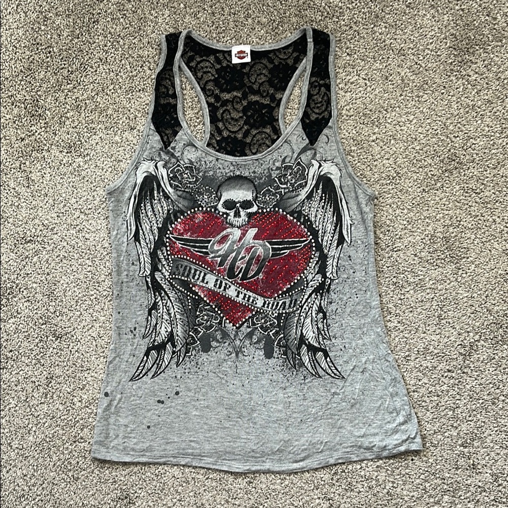 Harley-Davidson Gray Tank with Red Heart, Black Lace Back